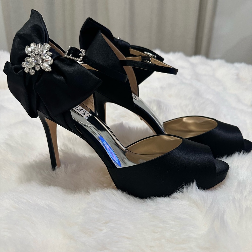 Badgley Mischka Black Satin Heels with Crystal Bow